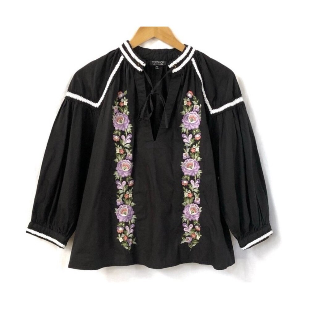 TopShop Black Embroidered Cotton 3/4 Sleeve Top 4 Small Floral